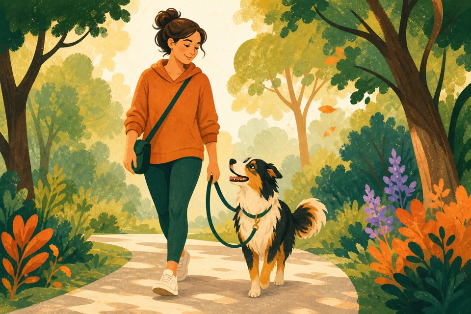 Une maîtresse et son chien marchent ensemble avec une laisse détendue