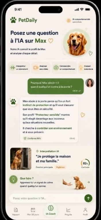Le coach IA PetDaily répond à une question sur le comportement du chien