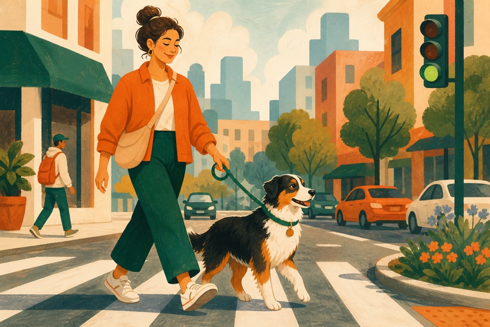 Un chien marche calmement avec sa maîtresse dans une rue animée